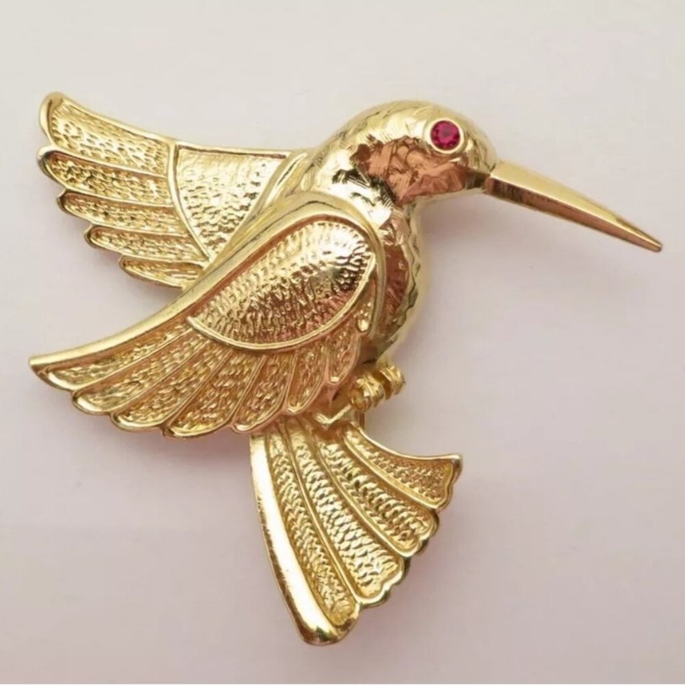 Goldtone Hummingbird Brooch, Pin With Red Stone Eye